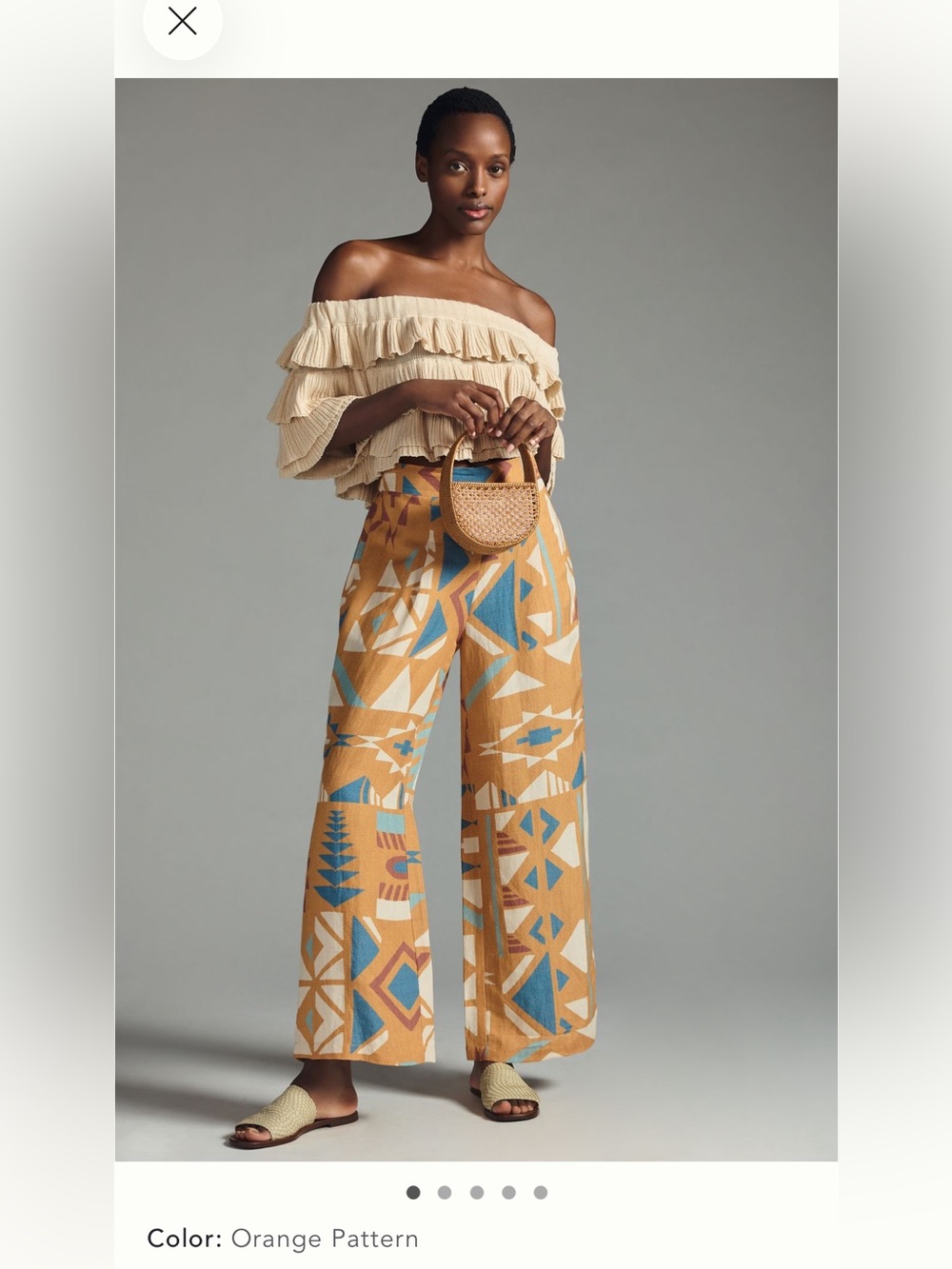 NWT Ranna Gill Mustard Geometric Printed Wide-Leg Pants with Blue & Cream Accent